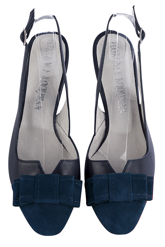 Navy blue women's open back shoes, with a knot. Round toe. High slim heel. Top view - Florence KOOIJMAN